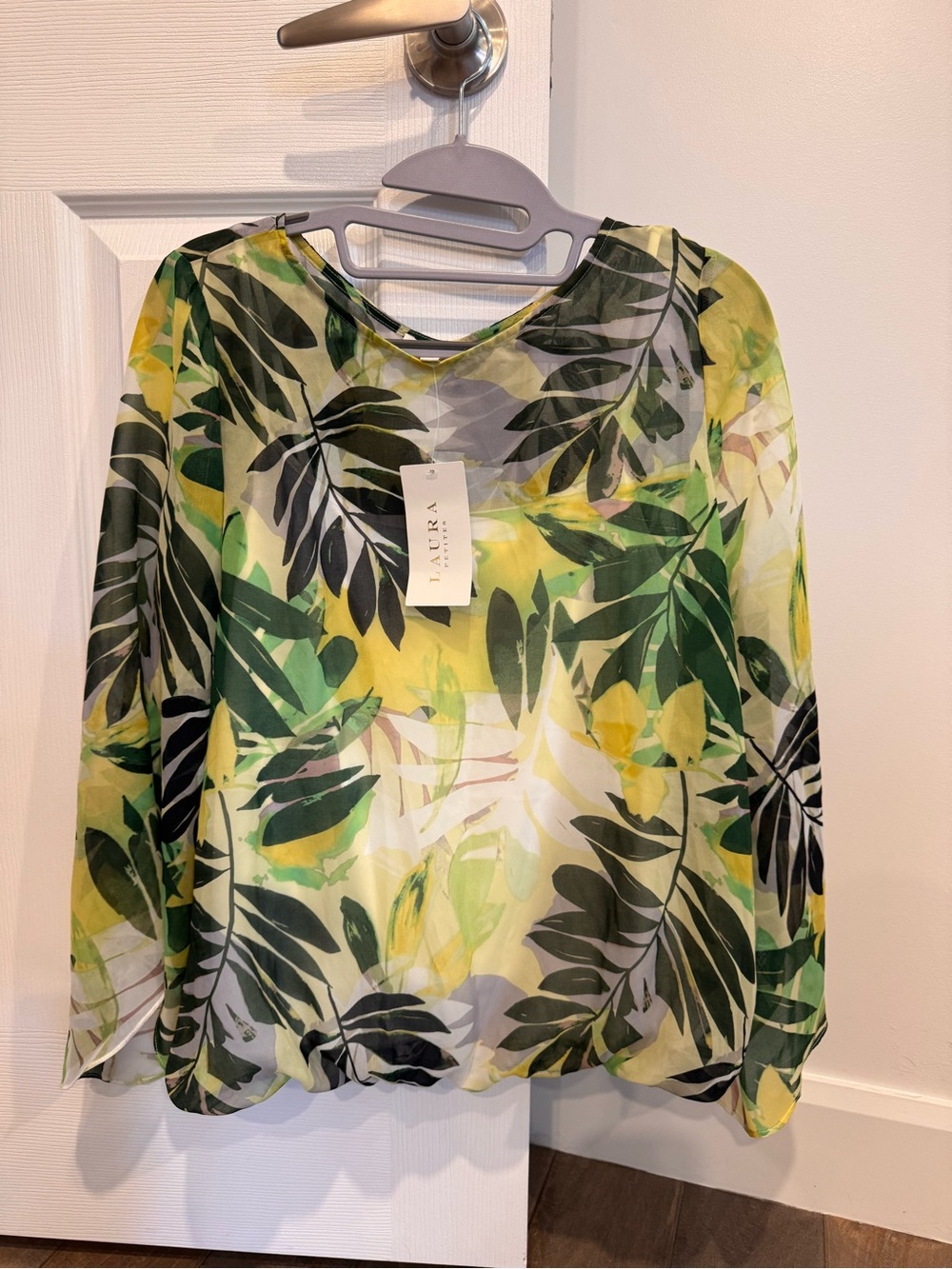 Laura Scott Green and Yellow Leaf-Print Sheer Blouse